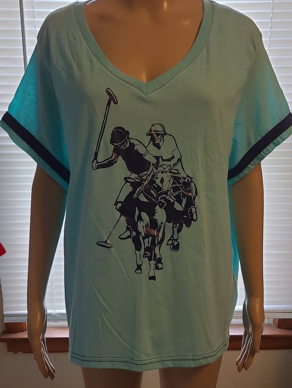 U.S. POLO ASSN. Aqua Blue V-Neck Polo Graphic Tee Shirt W/Navy Piping.  SIZE 3X.